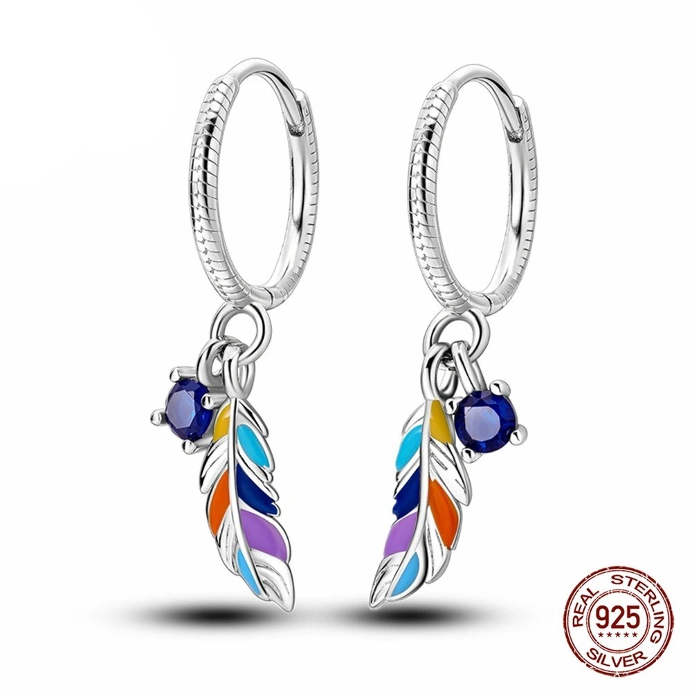 Colorful Feather Dangle Hoop Earrings‎ Sterling Silver Blue Stone Accent Boho